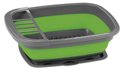 A green and gray dish drying rack with a draining tray.