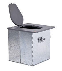 A metal toilet with a gray seat and lid