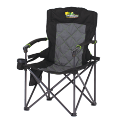 A black and grey folding chair with a cup holder