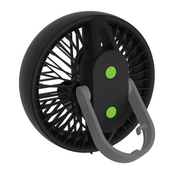A small black fan with a hook attached to it