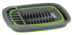 A gray and green dish drying rack with a green rim.