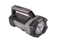 A gray and black flashlight with a handle on a white background