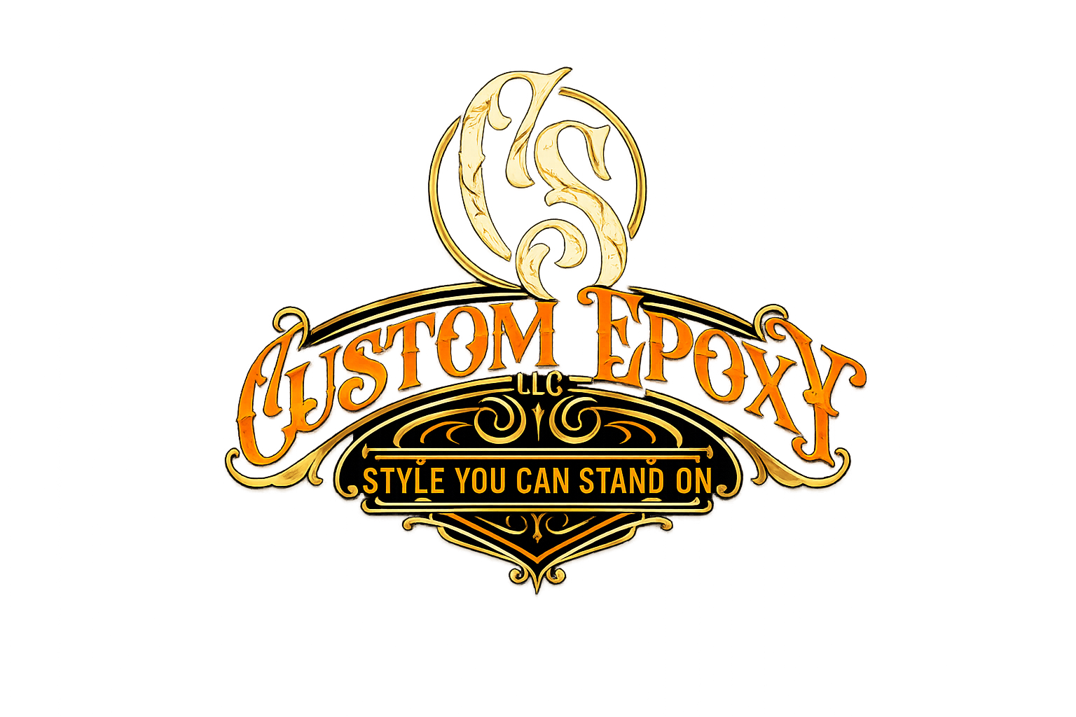 Custom Epoxy logo with gold lettering and ornate emblem on a white background, reading “Style You Can Stand On.”
