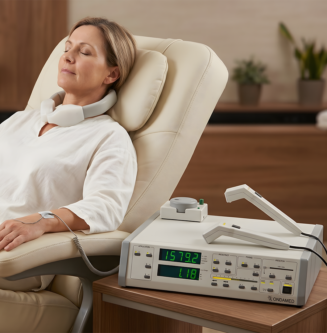 Woman reclining in a treatment chair beside a medical device with digital display and controls
