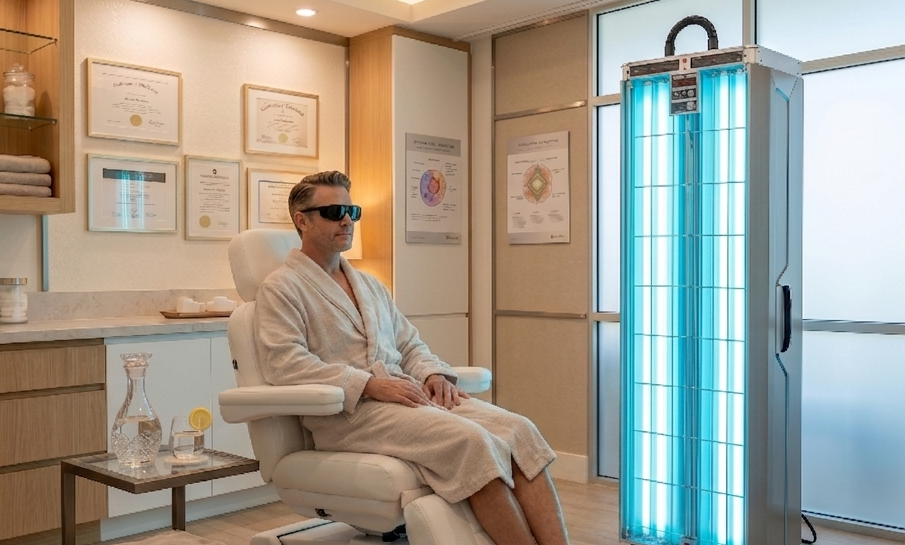 Woman with eyes closed relaxing beside a glowing multicolored light panel indoors