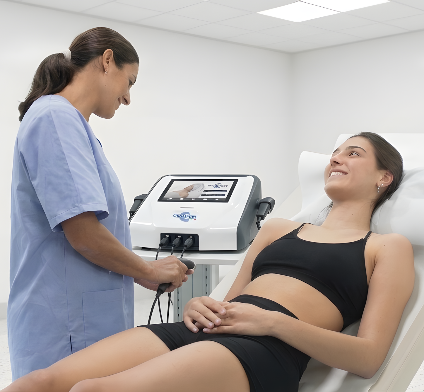 Nurse using ultrasound on a reclining patient in a clinic room
