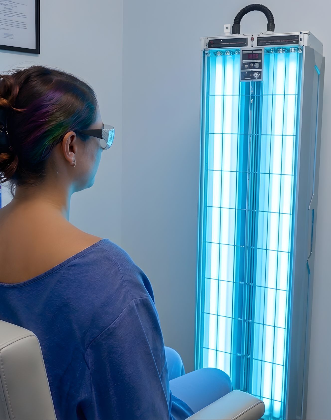 Person wearing blue goggles sits beside a glowing blue light therapy lamp.
