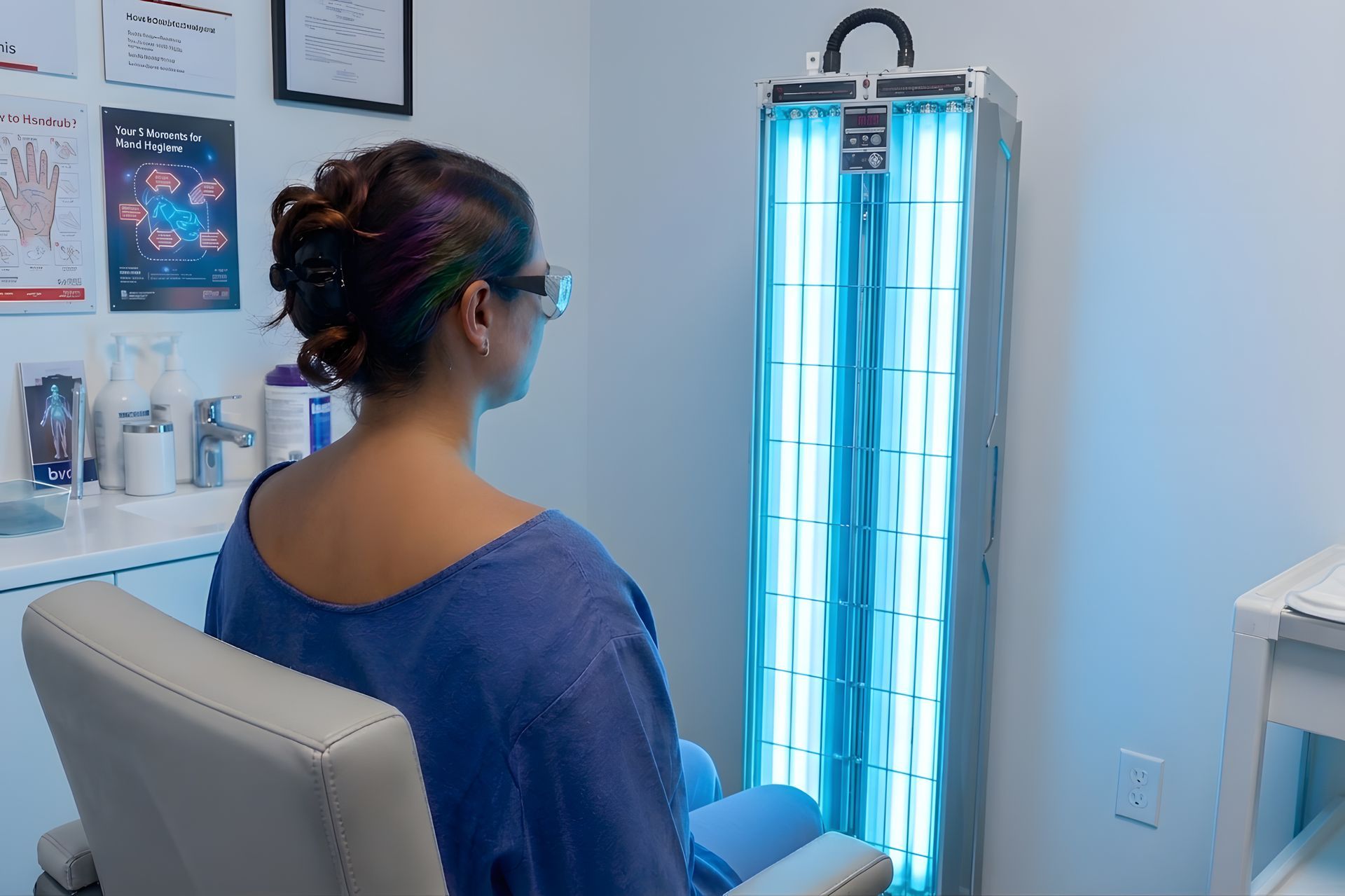 Person seated in a clinic chair facing a blue UV light tower, in a treatment room