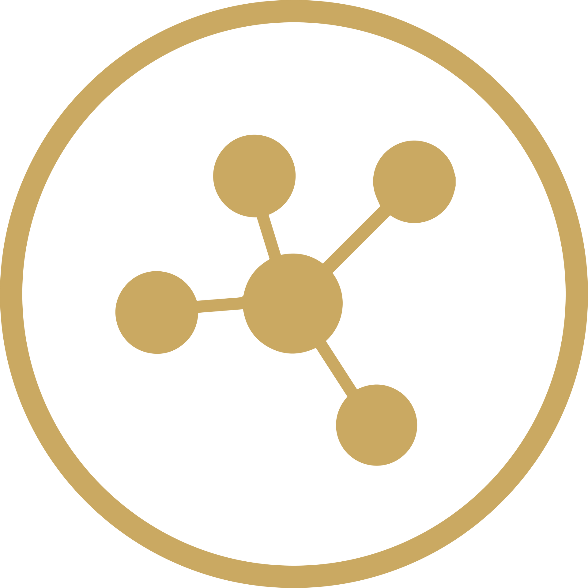 Gold molecular network icon inside a gold circle on a white background