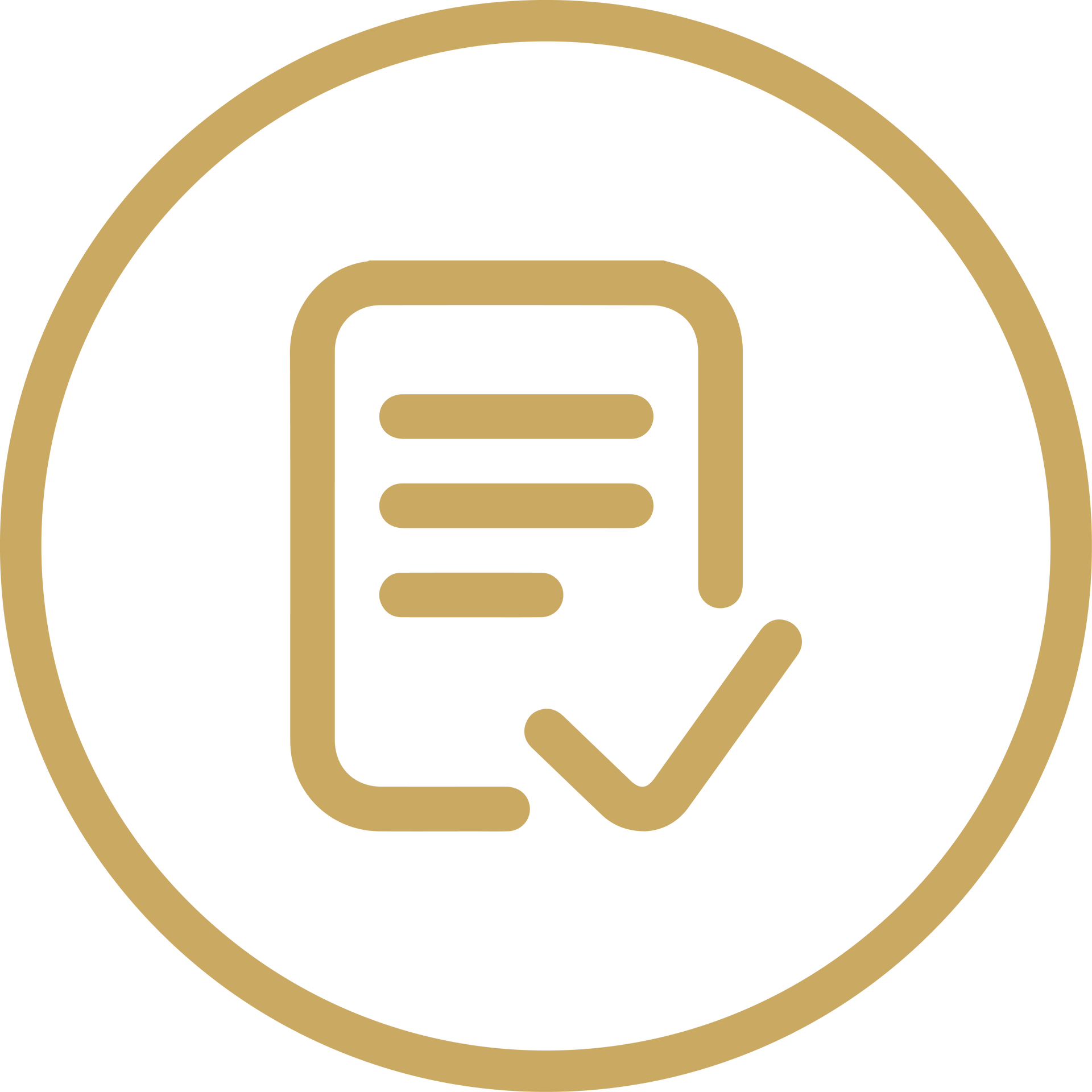 Gold outline icon of a document with a checkmark inside a circle on white background