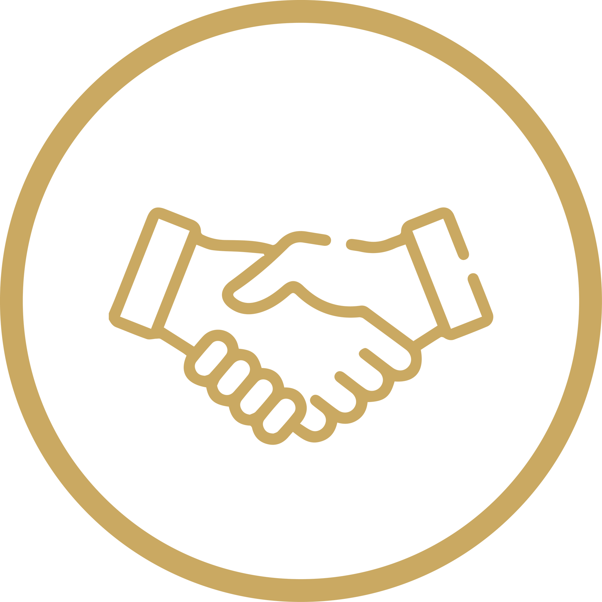 Gold handshake icon inside a circle, symbolizing agreement or partnership
