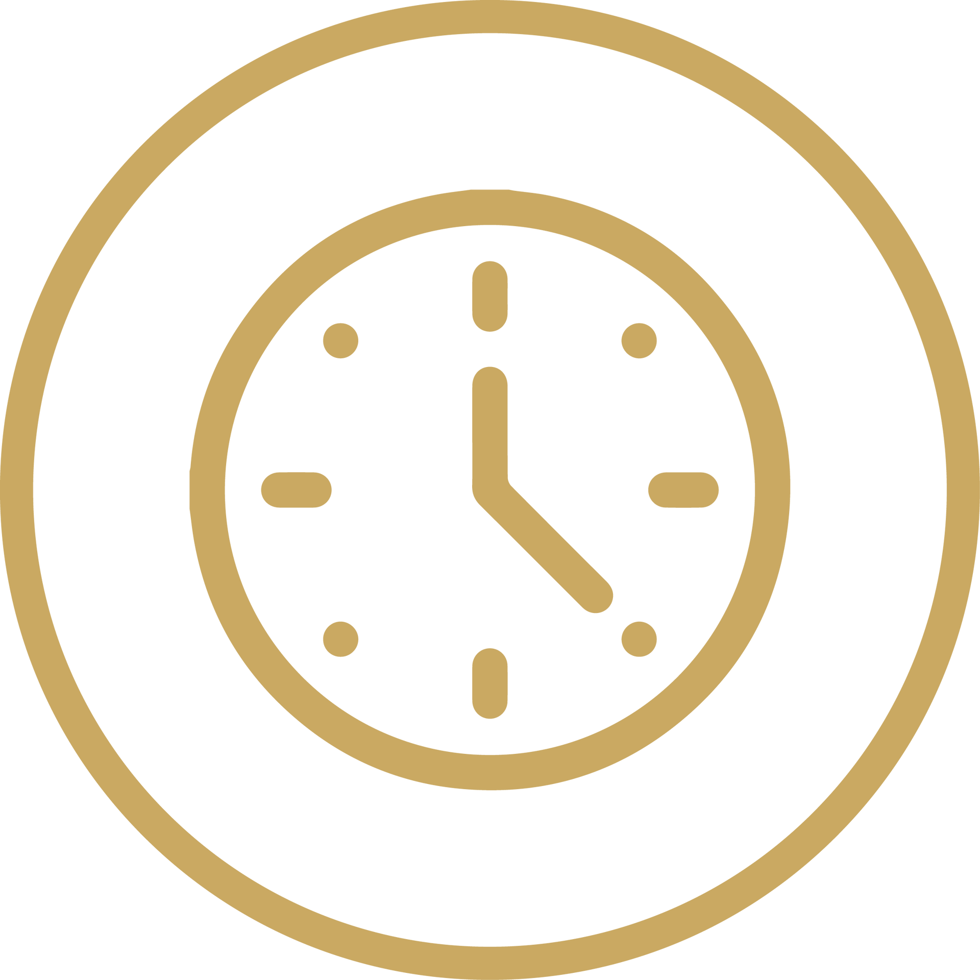 Gold clock icon with a circular border and simple analog clock hands on a white background