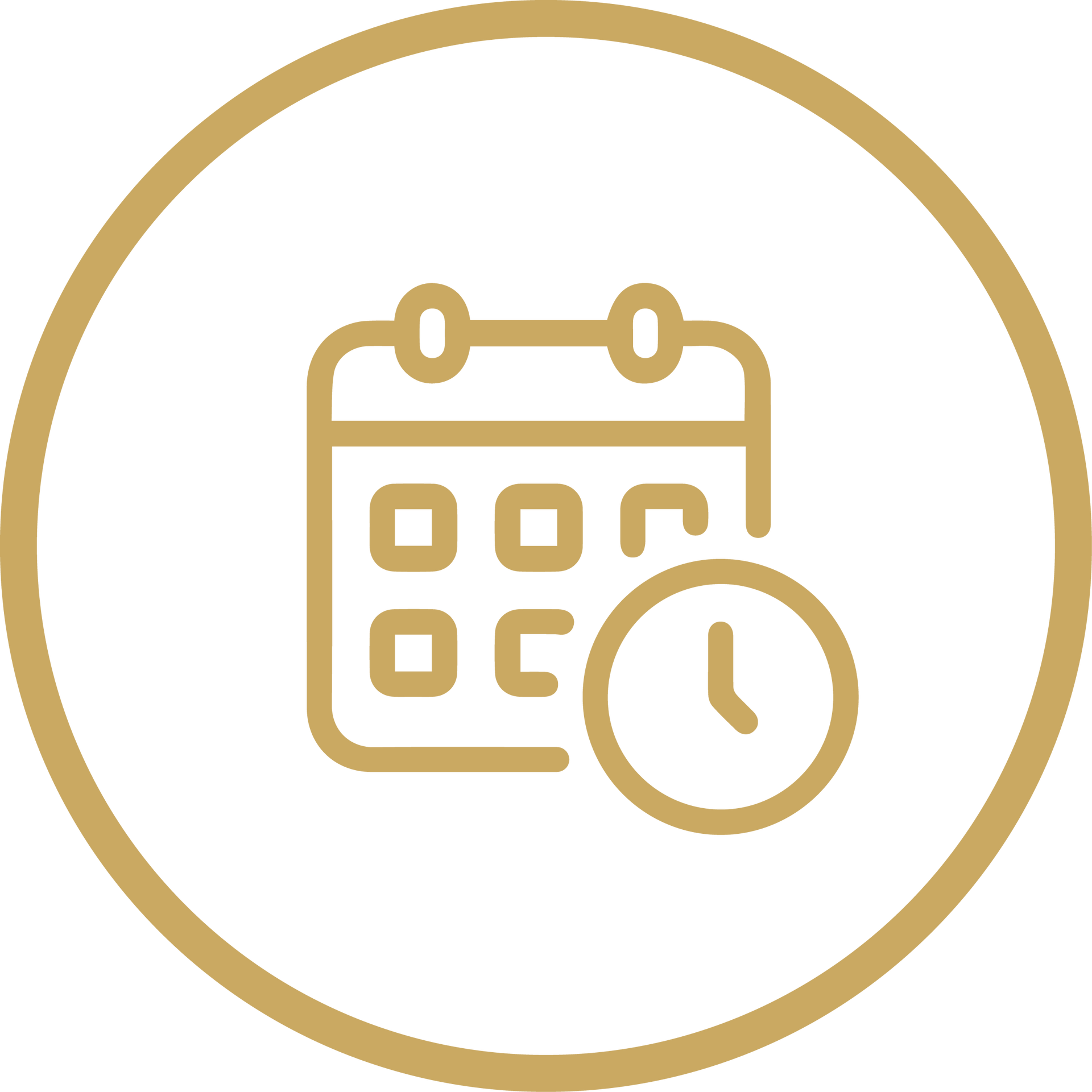 Gold calendar with clock icon inside a gold circle on white background