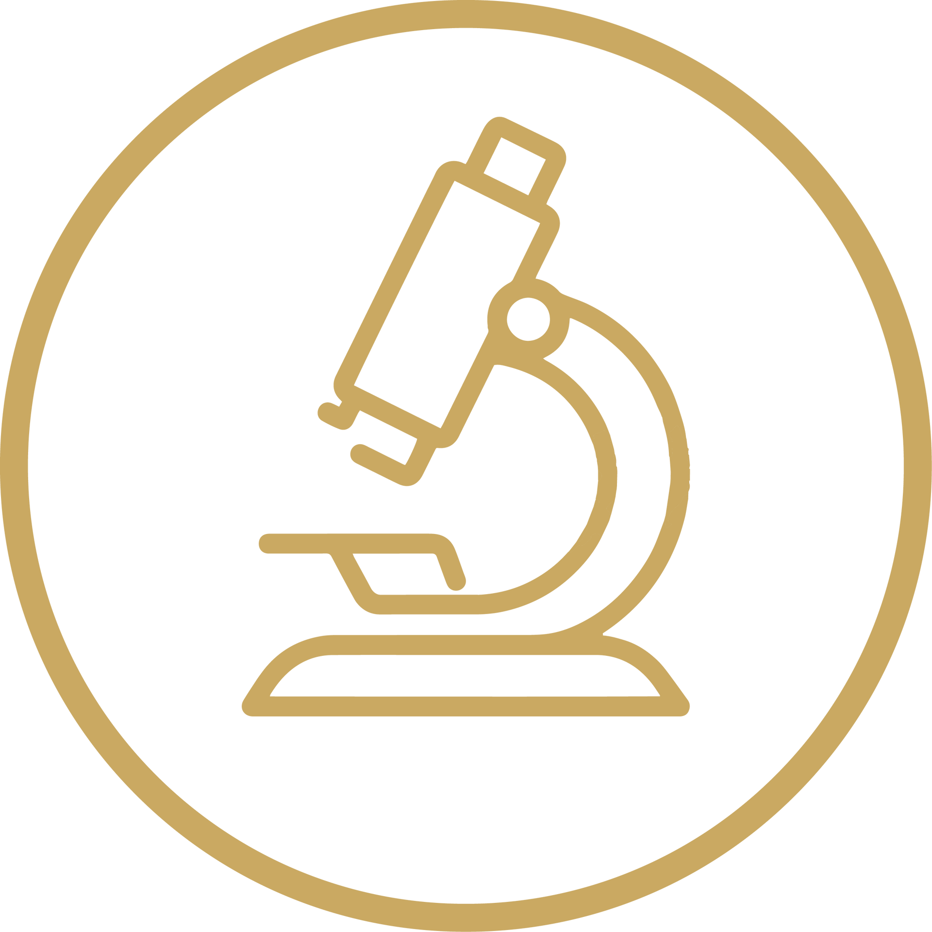 Gold outline microscope icon inside a circle on a white background