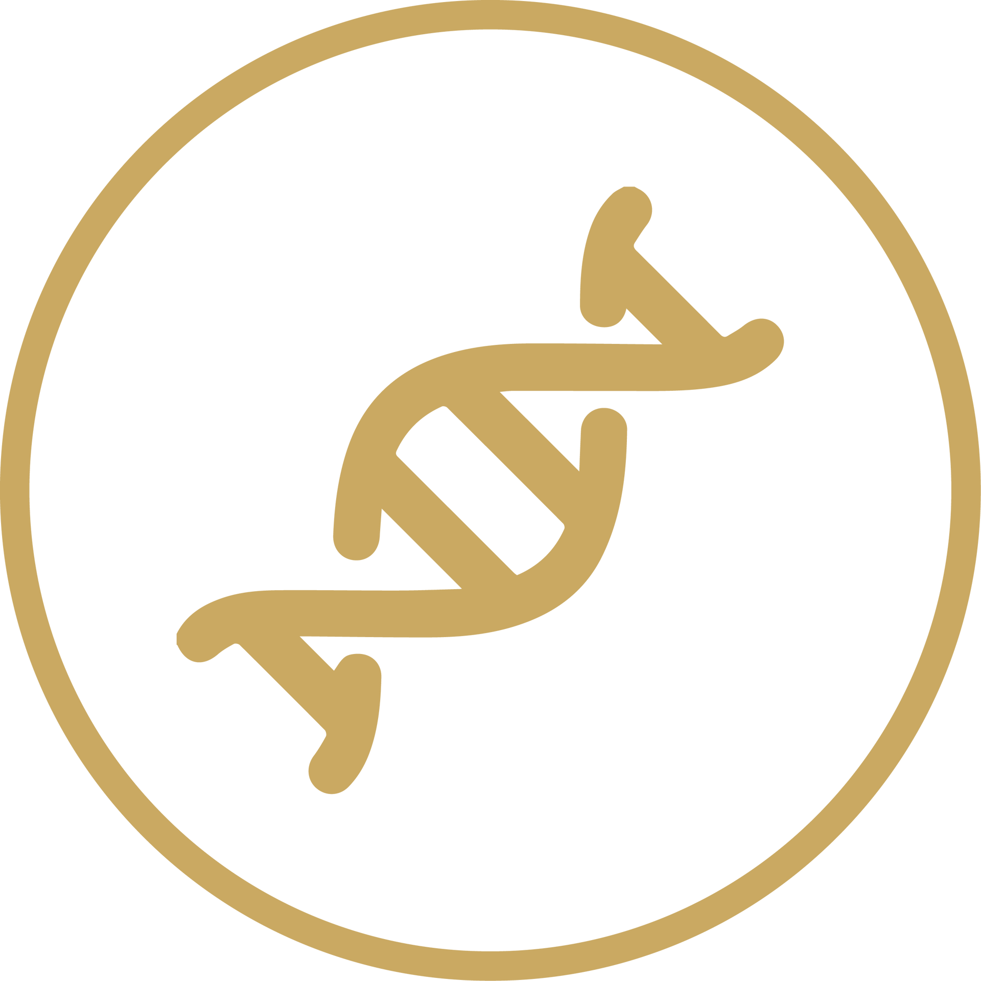 Gold DNA double helix inside a gold circle on a white background