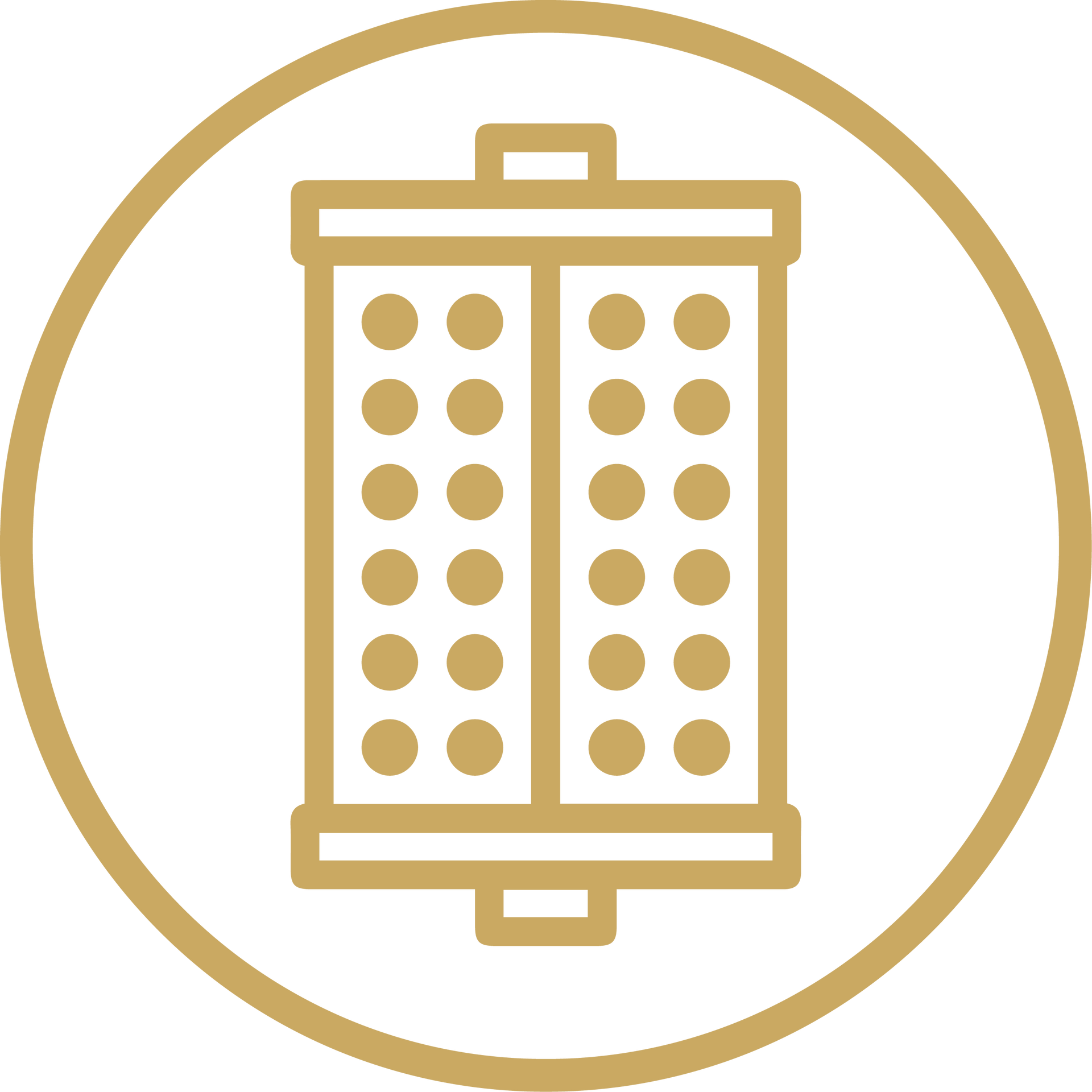 Gold circular icon of a beaded roller or hair curler on a white background