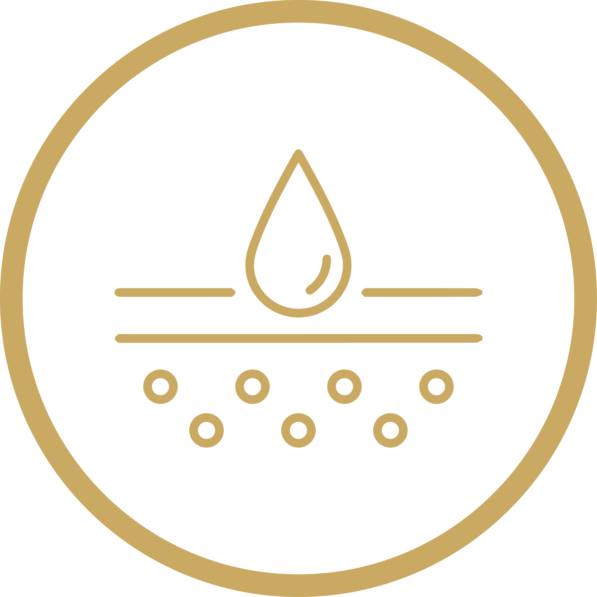 Gold water droplet over horizontal lines and dots inside a gold circle on a white background