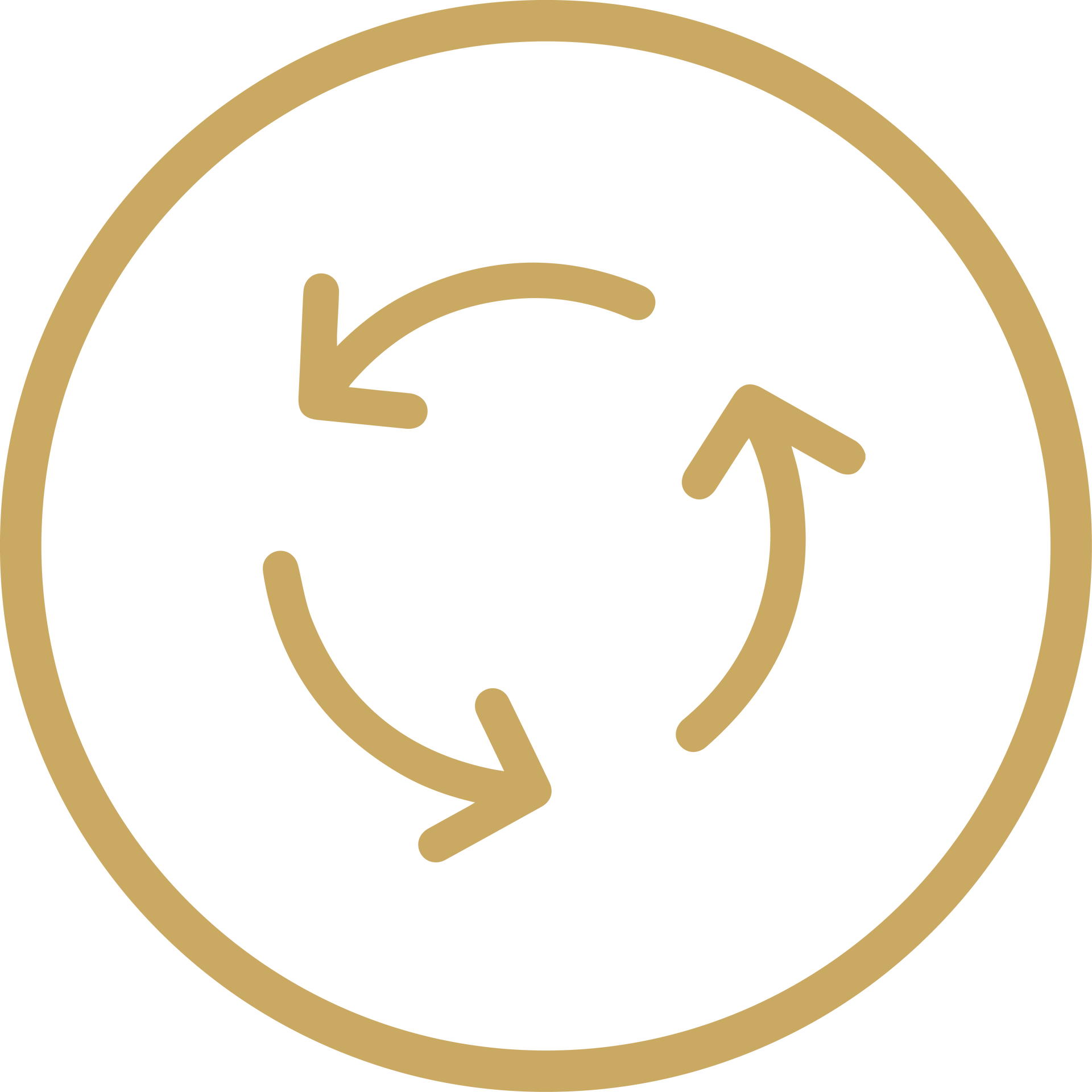 Gold circular arrows forming a refresh or cycle icon on a white background