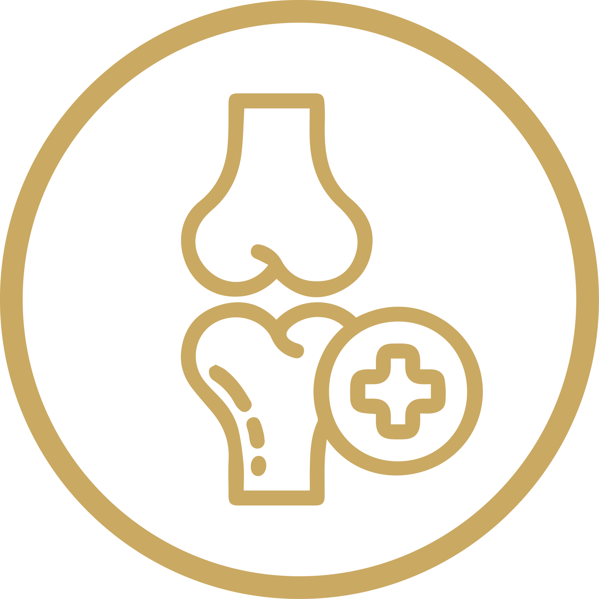 Gold outlined medical icon of bones, joint, and a plus sign inside a circle