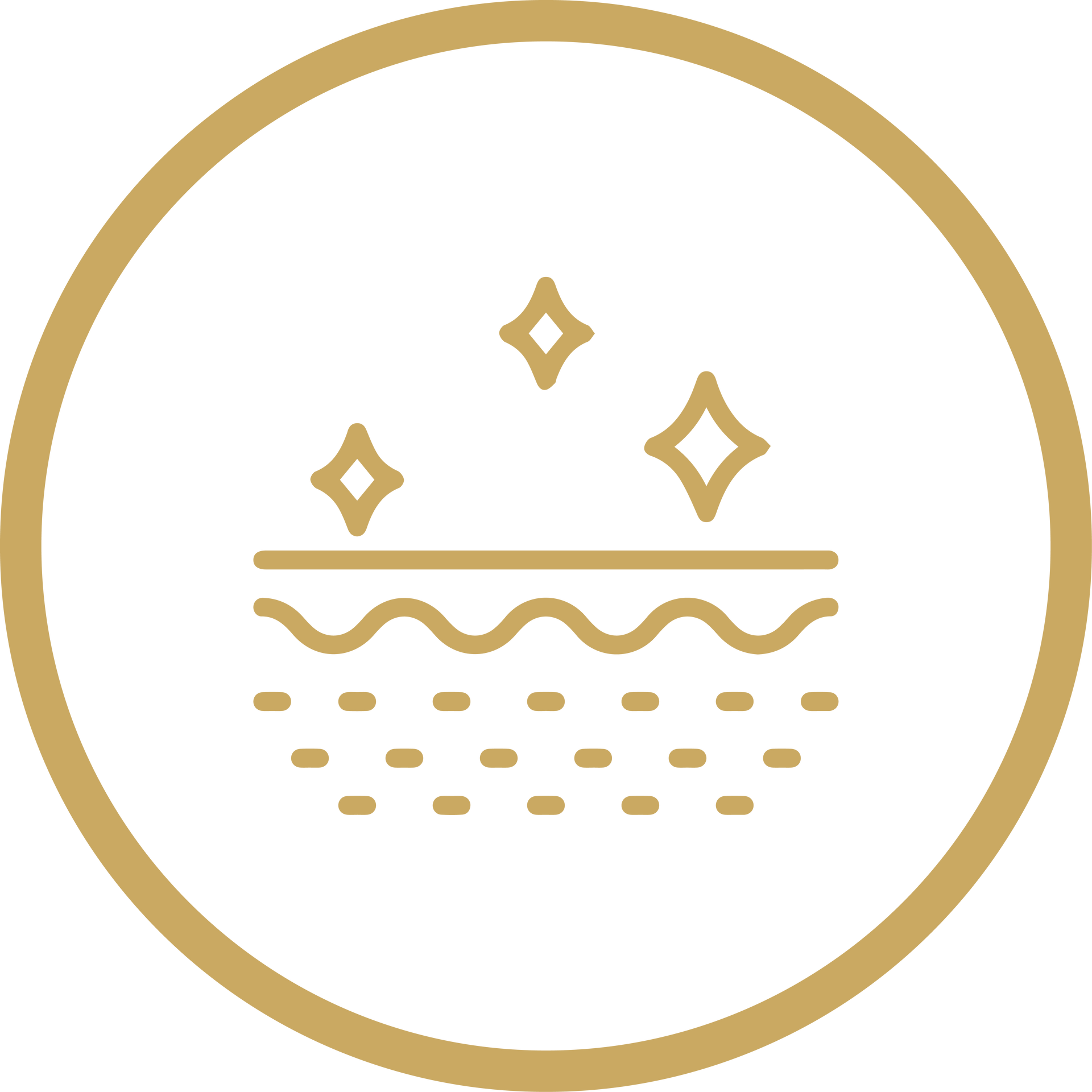 Gold circular icon with sparkles above wavy lines and dots on a white background