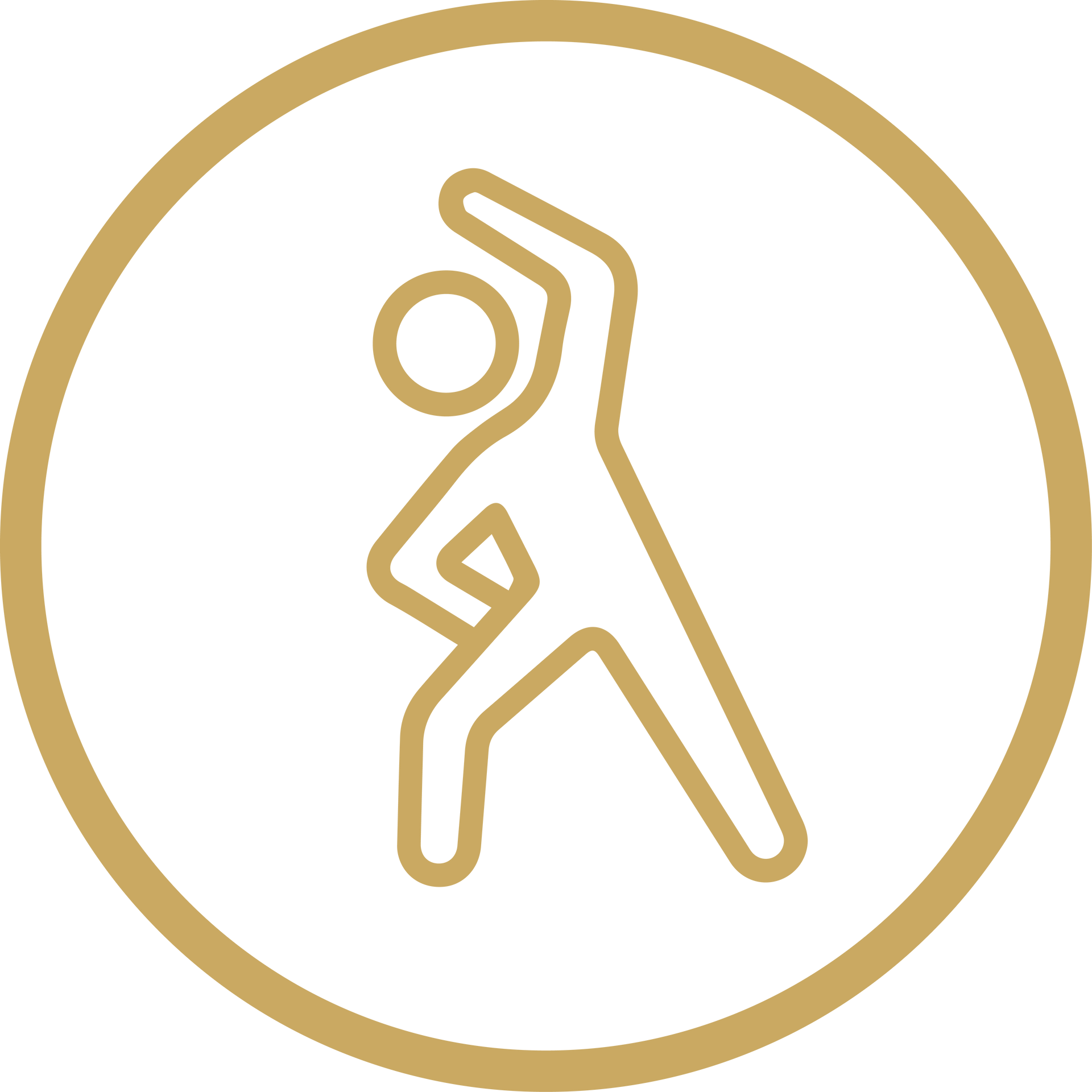 Gold stick figure on a white circle, raising one arm in a dance or exercise pose.