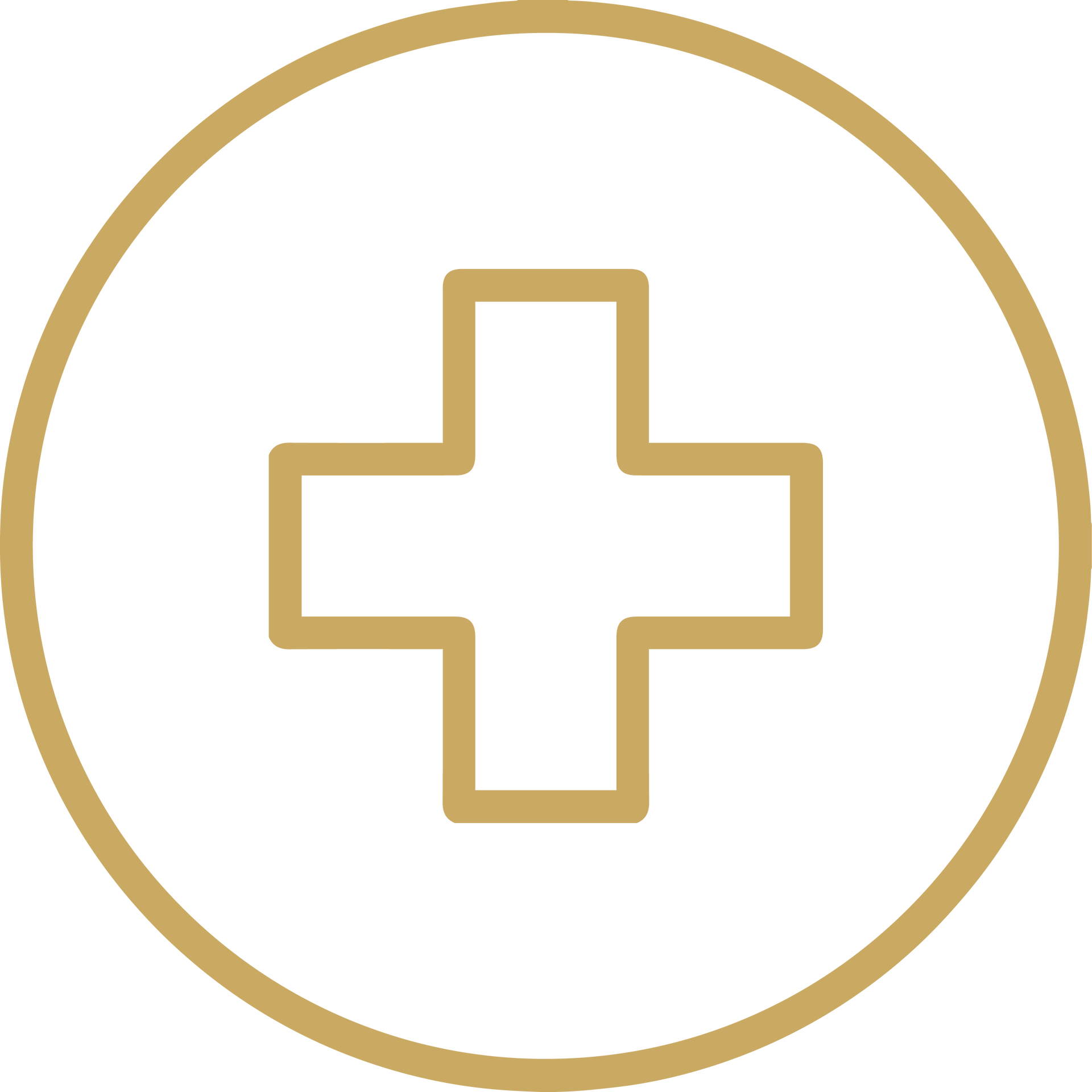 Gold outlined medical cross inside a thin gold circle on a white background