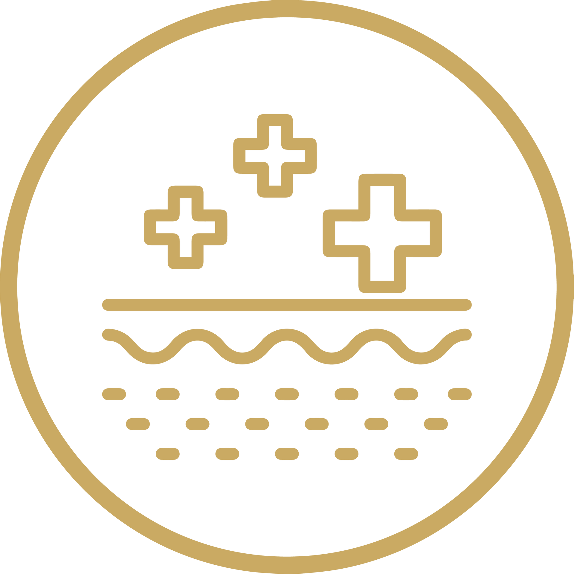 Gold circular icon with three crosses above wavy and dotted lines.