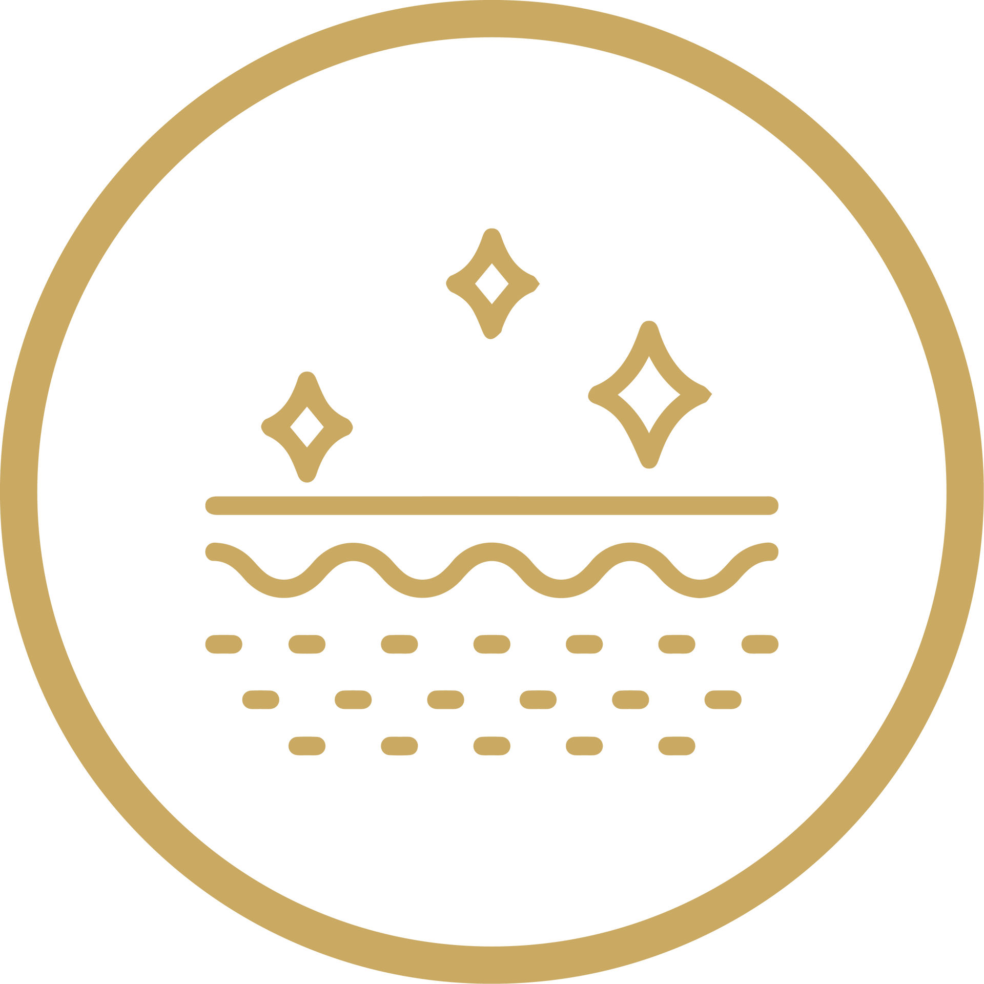 Gold icon of sparkles above wavy water lines inside a circular border