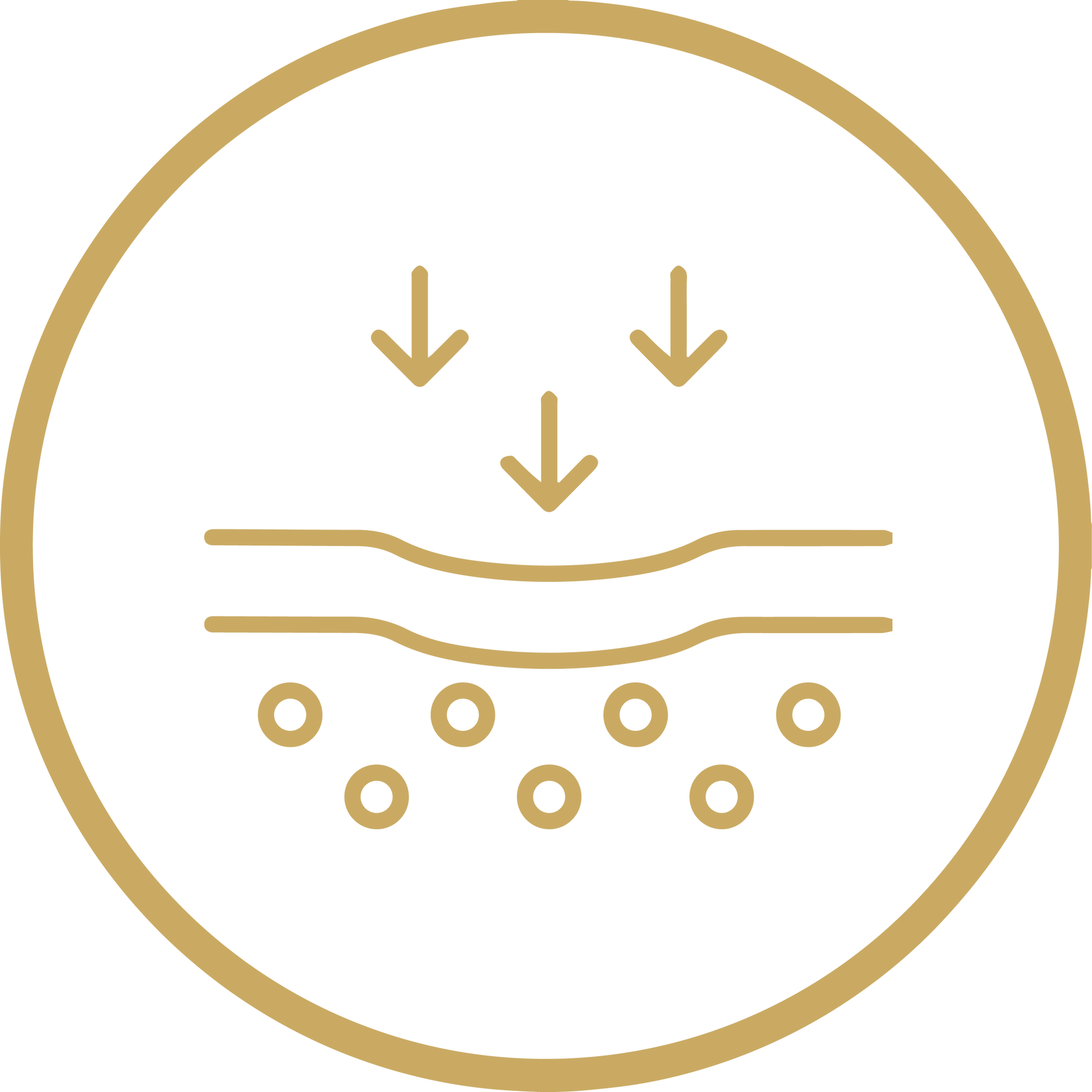Gold icon of arrows pointing to wavy lines and dots inside a circle, suggesting filtration or sedimentation