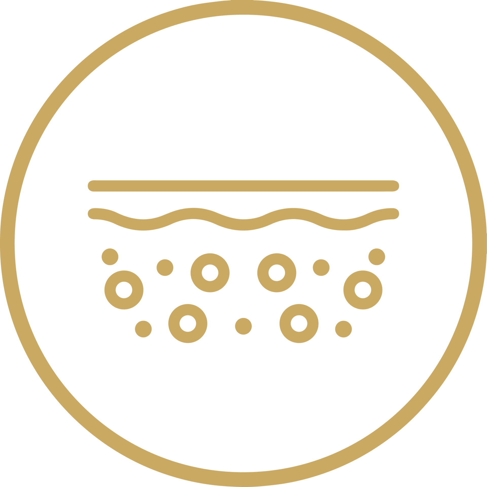 Gold circular icon showing a line above wavy lines and dots, resembling a skincare or cleansing symbol