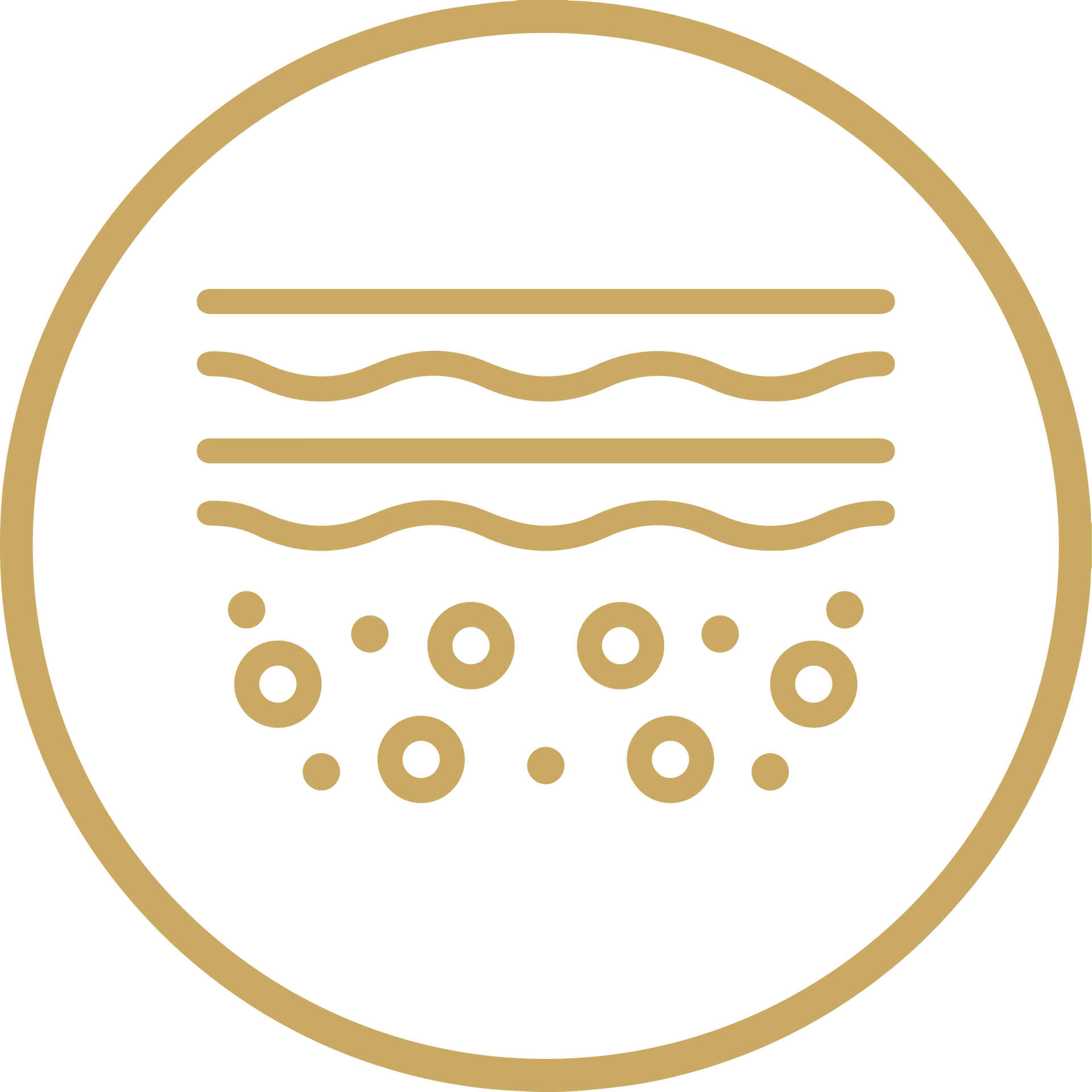 Gold minimalist spa icon with water waves and bubbles inside a circle
