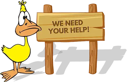 Yellow duck looking worried, standing next to a wooden sign that says