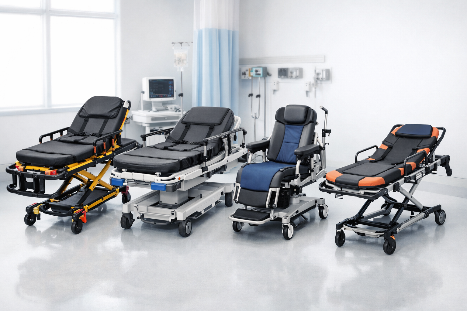 Different types of medical stretchers including ambulance stretcher, bariatric stretcher, hybrid.