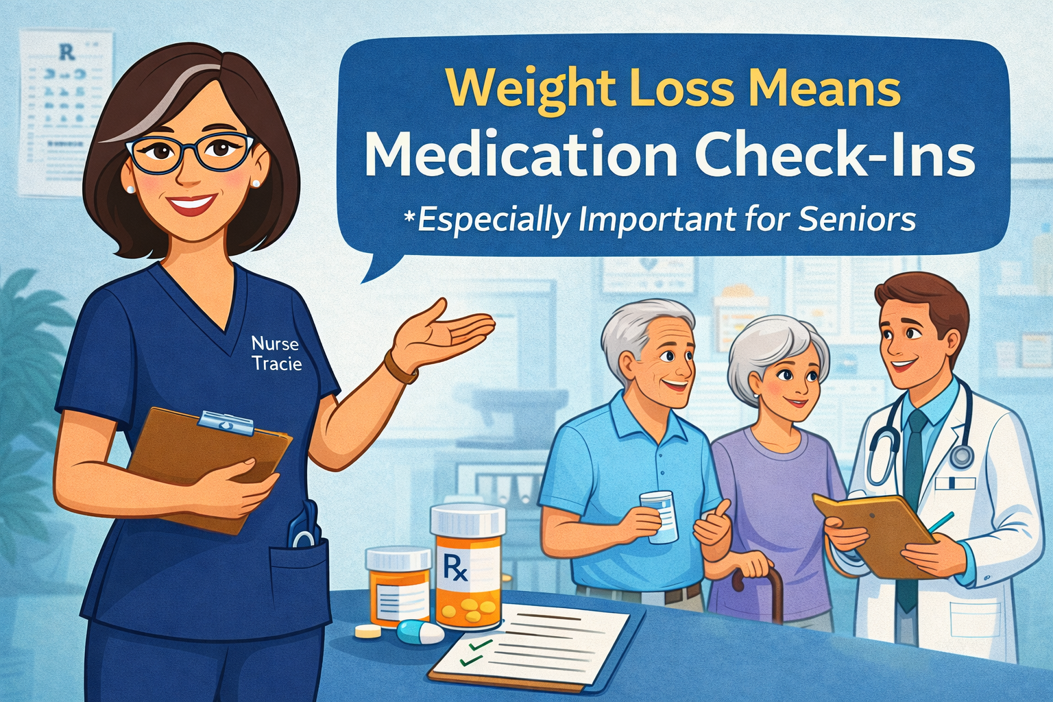 Nurse Tracie educating seniors about weight loss, medication adjustments.  