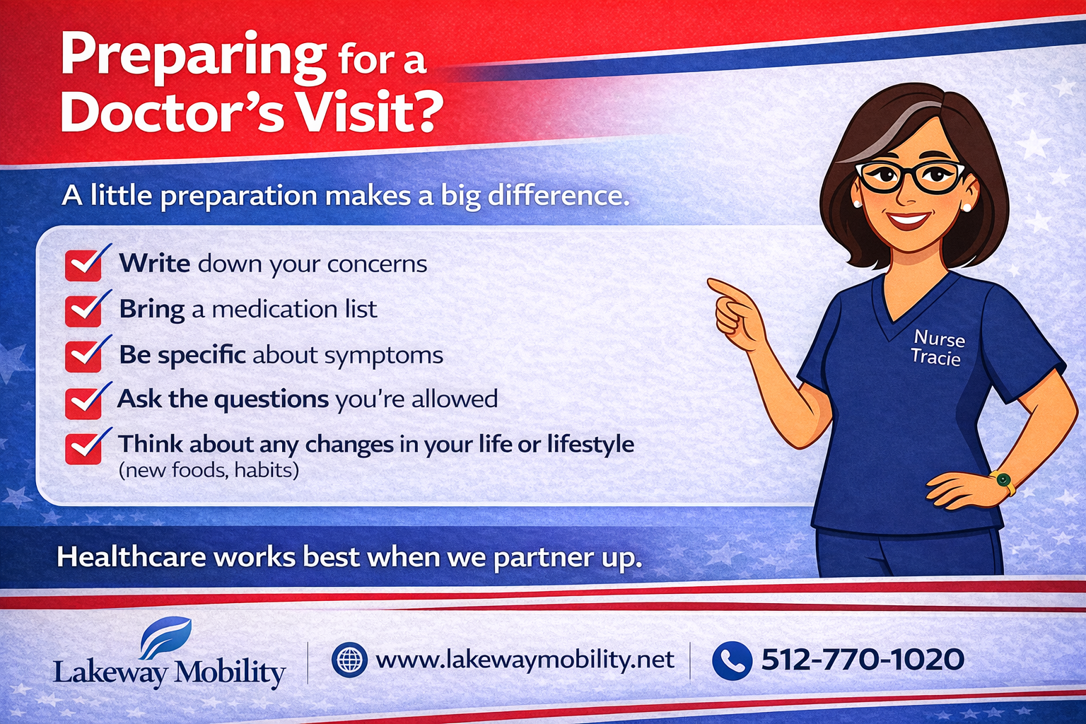 Nurse Tracie from Lakeway Mobility shares a checklist for preparing for a doctor’s visit