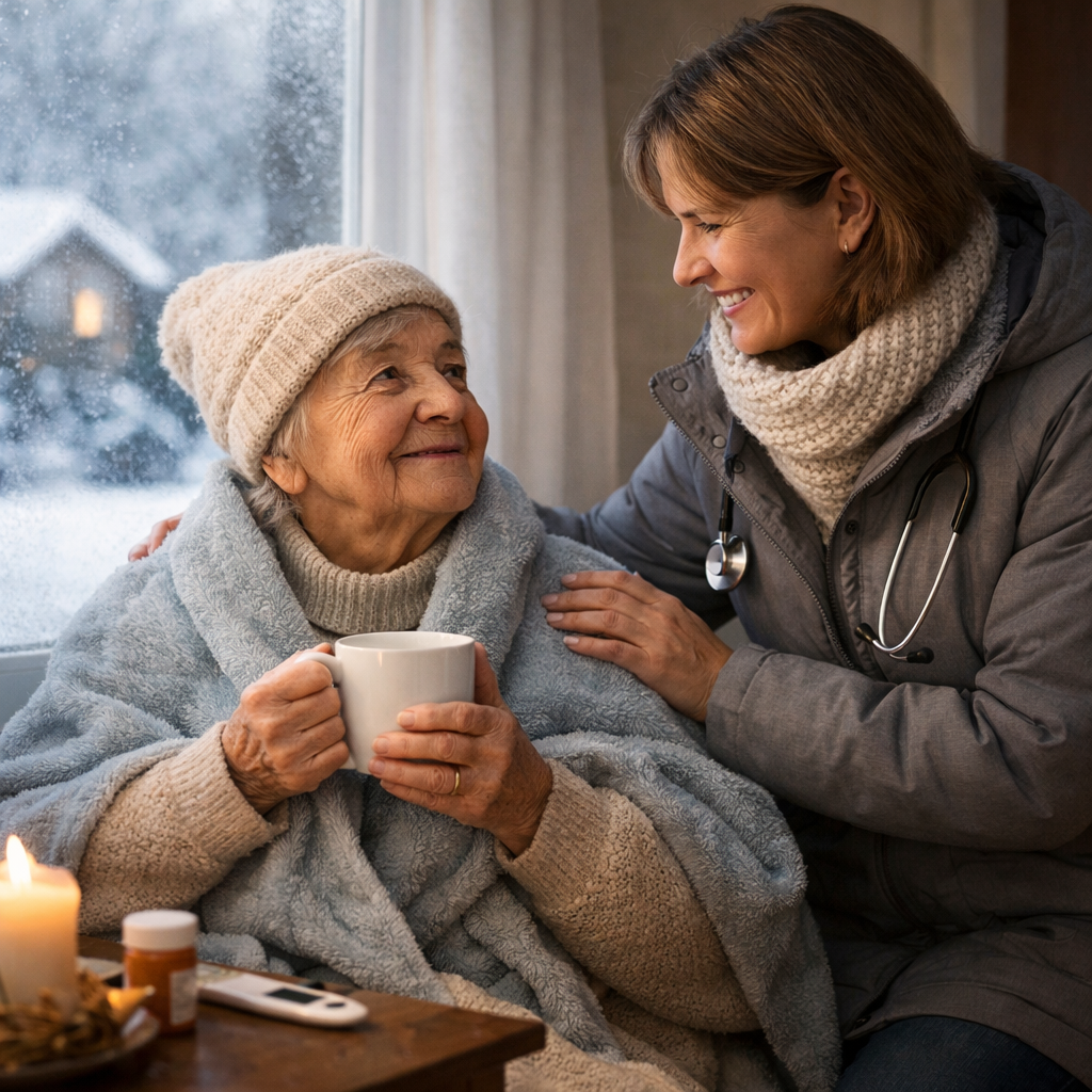 Caregiver checking on an elderly woman at home during cold weather, offering warmth, comfort. 