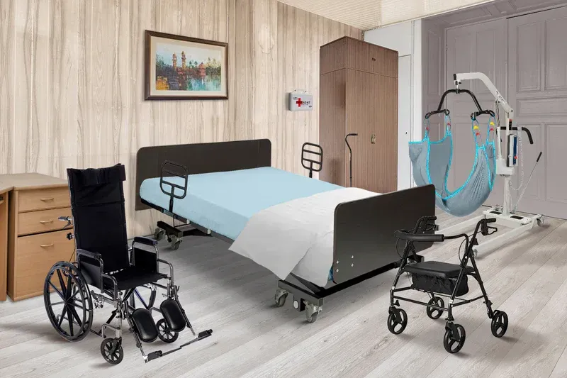 Home medical equipment setup including hospital bed, wheelchair, walker, and patient lift