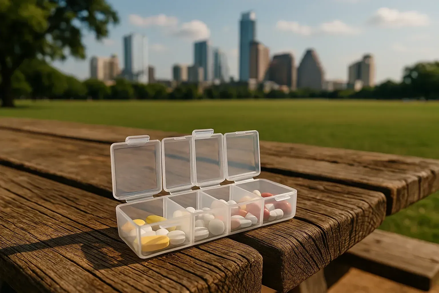 Weekly pill organizer with medications on a wooden bench overlooking Austin skyline