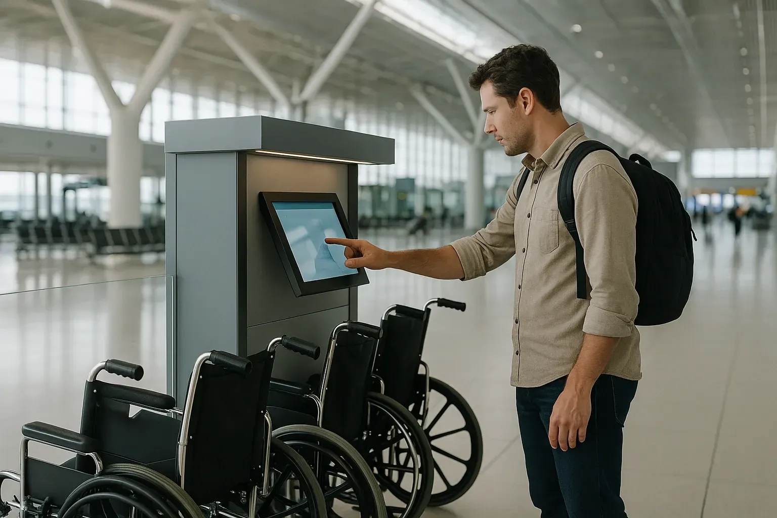 Man using an airport self service kiosk next to several wheelchairs in a modern terminal