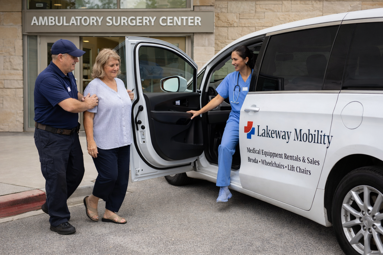 Patient leaving an ambulatory surgery center in Lakeway Texas and entering a Lakeway Mobility van. 