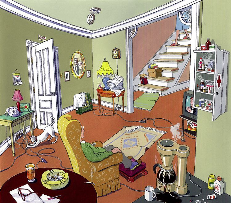 Senior sitting in a cluttered living room with tripping hazards.