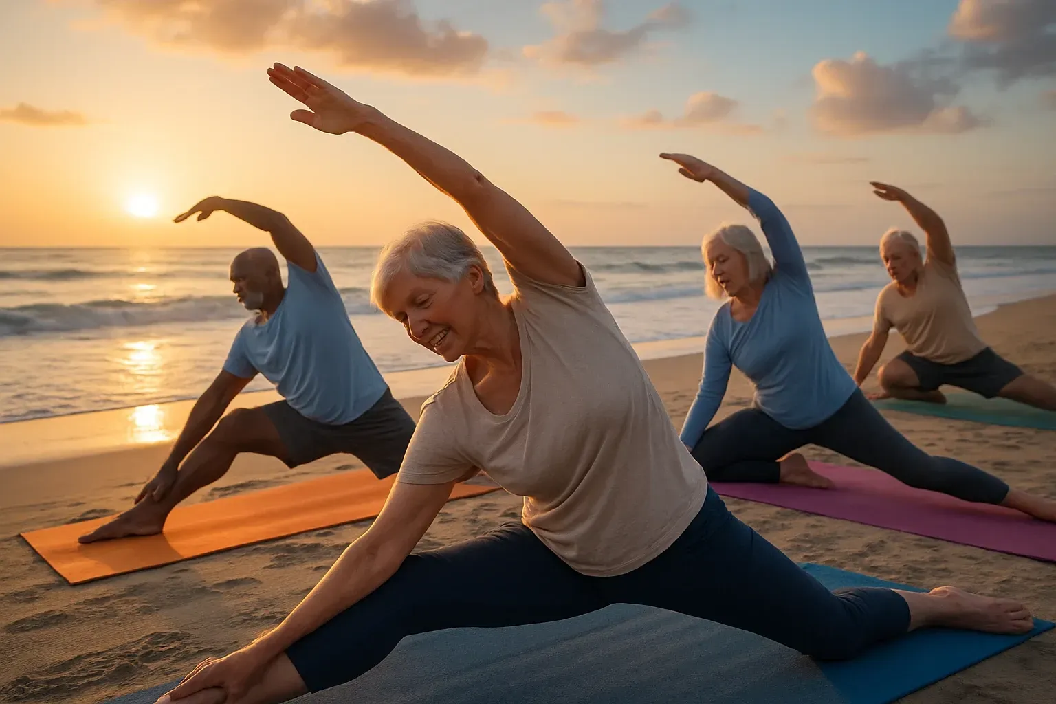 Active seniors practicing yoga and balance exercises on the beach to maintain strength, flexibility,