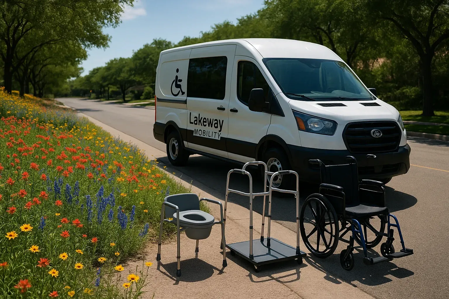 Wheelchair-accessible van with medical equipment including hospital bed, lift chair