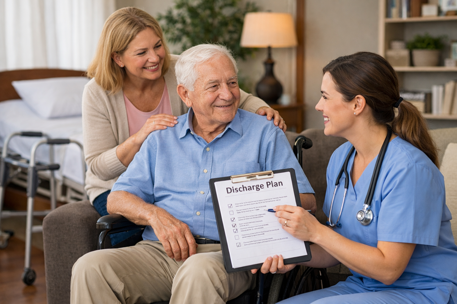 Elderly man returning home after hospital discharge with RN reviewing care plan in Austin Texas