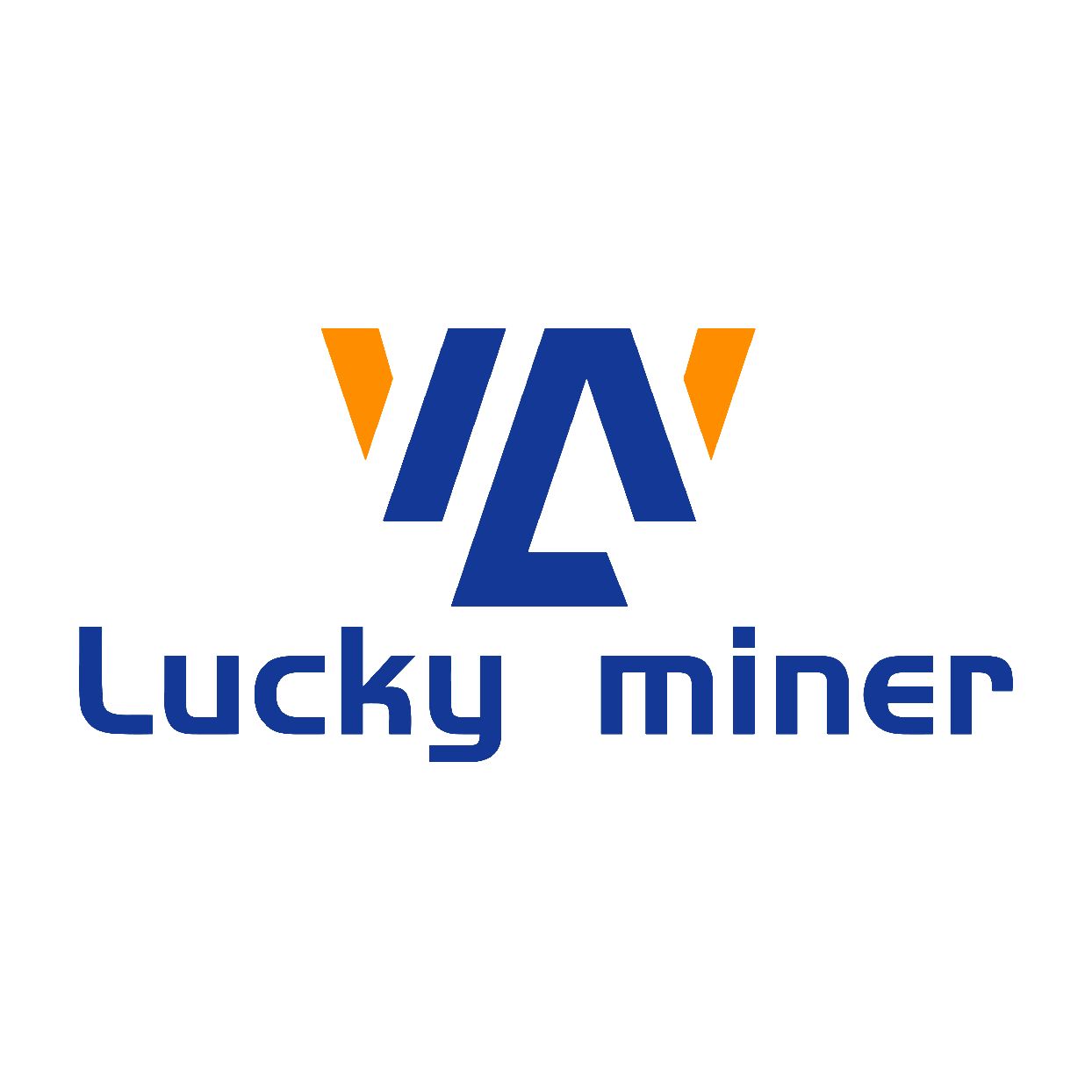 Logotipo con gráfico "WA" azul entre formas naranjas y las palabras "Lucky miner" en azul debajo.
