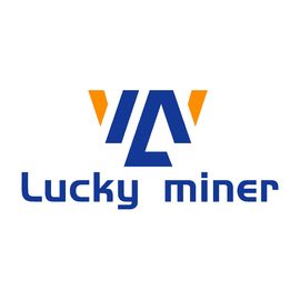 Logotipo con gráfico "WA" azul entre formas naranjas y las palabras "Lucky miner" en azul debajo.