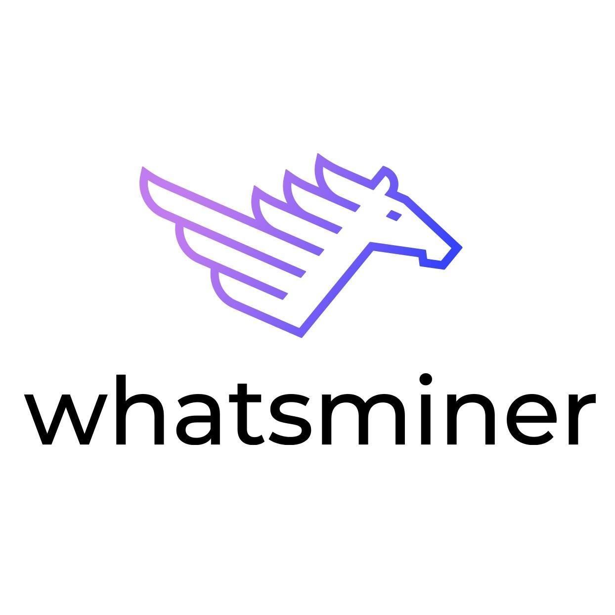 Logotipo para Whatsminer, que presenta un caballo alado estilizado en color morado y una fuente minúscula.