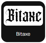 Logotipo de Bitaxe: texto negro "Bitaxe" en fuente gótica sobre fondo blanco, sobre un fondo negro.