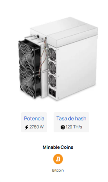 Máquina minera de Bitcoin blanca, 2760W, 120 TH/s, con ventiladores.