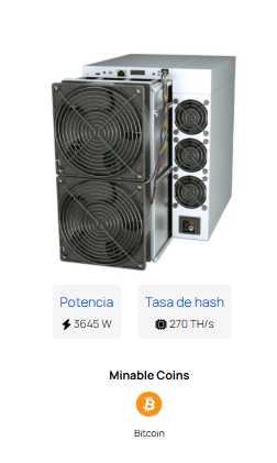 Máquina de minería de Bitcoin con ventiladores, que muestra el consumo de energía y la tasa de hash.